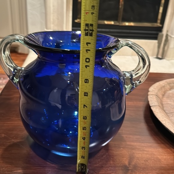 Large Hand Blown Round Cobalt Blue Glass Vase with Clear Handles Beautiful! - Picture 7 of 8